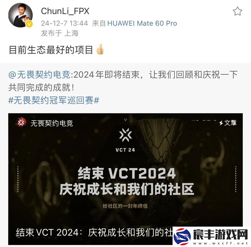 FPX老板转发无畏契约2024年报：目前生态最好的项目